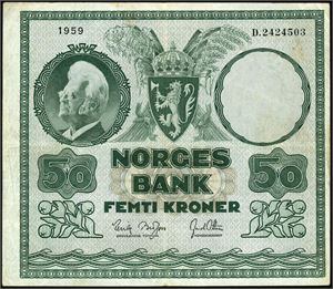 50 kroner 1959, serie D.2424503. Variant "Skjevt sentrert". 1-