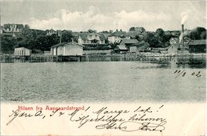Vestfold Aasgaardstrand, sett fra sjøen. (Falck Dessen). Udelt bakside, småf. s/hv. Stpl. Tønsberg 11-VIII-02 Pen brukskvalitet.