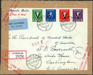 289-292. Krone V-merker komplett på rekommandert konvolutt til U.S.A., stemplet "Grimstad 13.11.41". Påsatt brun papirstripe i alle sider som er stemplet "Found Open And Officially Sealed". Baksiden med stempler fra Frankfürt, New York og Washington.
