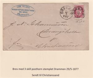 NK 18 a, st. Drammen 29/5-1877 på brev til Christiansand.