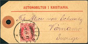 100. 10 øre Posthorn på liten sekkelapp, med tekst "Automobiltur i Kristiania", stemplet "Kristiania 9.11.11". Sekkelappen er adressert til Sverige.
