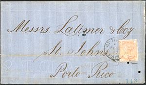 Z 11/152. DWI. A complete letter from Scotland, delivered on St. Thoamas and franked with normal caribian rate 4d (4d orange pl 15). The stamps with "St.-Thomas Paid A Fe 16 77" cds and sent to Puerto Rico. A horizontal crease goes through the stamps, but stil good looking.