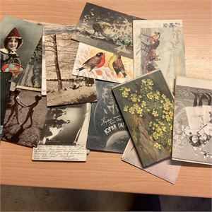 600+ postkort i Skoeske.  Norske og utenlandske.  Kun småformat.  Signerte og prospekt samt annet i sjønn forening.