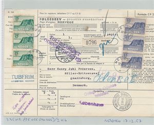 FØLGEBREV - TIL DANMARK Pakke "NESBYEN 1957" frankert med Nk 445 x6 og 447 x3. Merkene noe flekkete