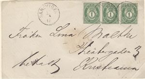 NK 16 1 skill. ph. i 3-stripe (mørk farge) på brev st. Sandvigen 10/4-1876, sendt til Chra.