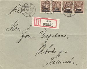 NK 166 4-stripe 15ø portoprovisorie på rek.brev st. Skien 9-IV-32  (Hor. brett i konv., berører ikke merker)