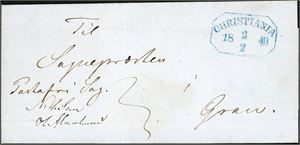 Brevomslag (brukt som K.T. tidligere) sendt portofritt, og stemplet med 8-kantet "Christiania 2.2.1849" i blått og sendt til Gran. Et par vertikale arkivbretter, sees mindre.
