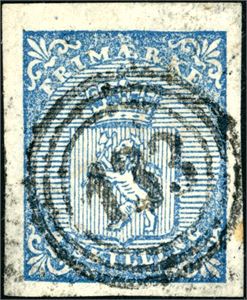1. 4 skilling Våpen 1855, annullert med nummerstempel "133" (Hvideseid, TE). Gode marger.