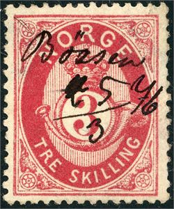 18. 3 skilling Posthorn, anert med håndskrevet stedsnavn "Børsen 5/3 76" (ST).