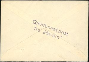 145. 20 øre Løve II på konvolutt, stemplet "Bergen 15.6.36" og sendt til Torsvikvaagen. På baksiden stemplet "Gjenfunnet post fra "Havørn".