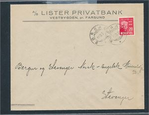 Nk 187 på nydelig brev stemplet "BORHAUG 11 III 33". Flott logo Lister Privatbank