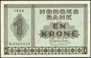1 krone 1944, serie H.0969310. 0/01