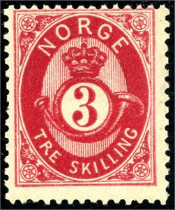 18 b. 3 skilling Posthorn. Fargefriskt merke, sentrert opp. (3.900,-).