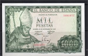 SPANIEN 500 Pesetas 1954 och 1000 Pesetas 1965, två ovikta sedlar