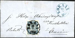 1. 4 skilling våpen 1855 på komplett brev, rettvendt fullstemplet "Røraas 16.7.1856" og ved siden det samme stempelet i blått. Merket med gode- til normale marger.