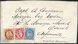 24,25,27. 35 øres porto til Panama . 5 øre-, 10 øre- og 20 øre skravert Posthorn på en litt medtatt konvolutt til Aspinwall , stemplet "Arendal 19.11.1881". På baksiden stemplet "London" og "Colon E.U.Colombia".