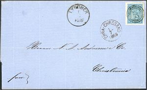 8. 4 skill på brevomslag, anert med nummerstempel "372" og ved siden stemplet "Lyngøer 1.7.1869" og "Chra-Chrssand 1.7.1869".