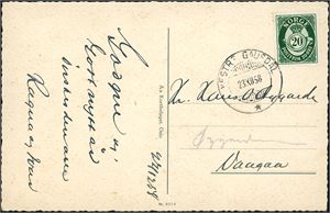 392. 20 øre Posthorn på postkort annullert med hjelpestempel "Vestre Gausdal 23.12.58" (OP).