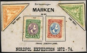 Franz Josephland. Four "stamps" on an original salepaper for the Nordpol Expedition 1872-74. Some stain.