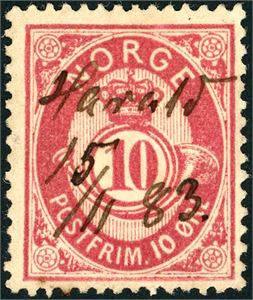 43. 10 øre 21 mm, anert med håndskrevet dampskipsnavn "Harald 15/11 83".