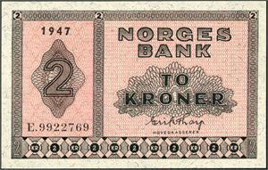 2 kroner 1947, serie E.9922769. 01