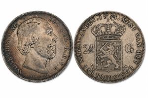 NEDERLÄNDERNA Vilhelm III 2 1/2 Gulden 1874 Tydligt cirkulerat exemplar med patina och mindre märken.