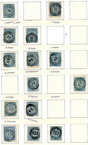 1. 29 stk 4 skilling Våpen 1855, alle anert med nummerstempel. Alle ulike. Stort sett normale marger eller noe smalere. Også en av de "kjente" forfalskningene av NK nr med falskt 4-rings "541".