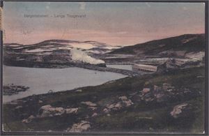 Bergensbanen langs Taugevand (Kolorert kort) med Tog kommende med full damp.   Stemplet Kristiania - Krøderen 1909