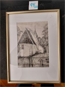 KUNST Fjære Kirke (Torun Kaland Pedersen 1978). Ferdig innrammet, 40 x 29 cm