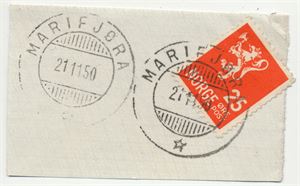Hjelpestempel MARIFJØRA (SF) HJ-SA 21 11 50 på klipp med NK 354. Pene avtrykk.