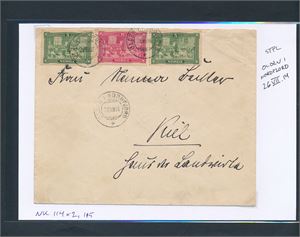 Brev med Nk 114 x2 og 115 stemplet "OLDEN I NORDFJORD 26 VII 14" til Kiel, Tyskland.
