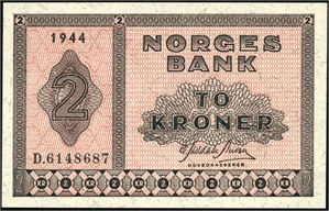 2 kroner 1944, serie D.6148687. 0