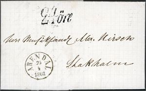 Ufrankert brev, stemplet "Arendal 25.4.1862" og sendt til Stockholm, der brevet er påstemplet "24 öre" på forsiden.