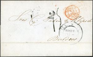 A complete letter from Caracas, Venezuela to Bordeaux, in July 1853. On the front "Caracas Franca", "Angl. Calais 2 Aout 53" on Venezuelean postagenumber "2" and one French "15" (Decimes). On reverse a British "Z W 1 Au 1 1853", "Paris 2 Aout 53" and arrival cds "Bordeaux 3 Aout 53".