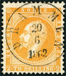 2. 2 skilling Oscar, rettvendt stemnplet "Drammen 20.6.1862". Meget fargefriskt merke. Attest FCM.