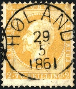 2. 2 skilling Oscar, pent fullstemplet "Høland 29.5.1861". Liten del av annet stempel.