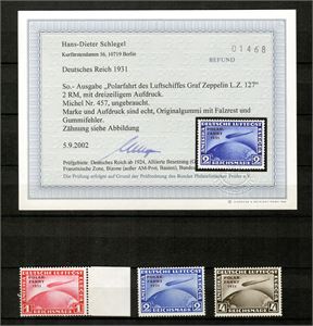 TYSKLAND, DEUTSCHES REICH 1931 Mi 456-458* ZEPPELIN POLAR FAHRT, komplett serie, 2 Rm med intyg Schlegel. (Mi € 900)