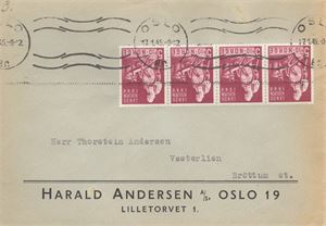 Brev NK 326 4-stripe 5 øre Landshjelp-44 stemplet Oslo 17-1-45 til Brøttum.  Uvanlig frankering