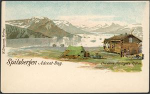 Spitsbergen Advent Bay, Verdens Nordligste Hotel. Turiststemplet "Advent-Bay 1898" på baksiden.
