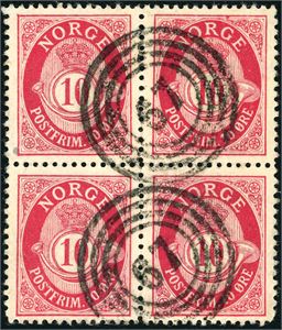 77. 10 øre Posthorn i 4-blokk, annullert med 4-rings "57" (Frøysnes, AA).