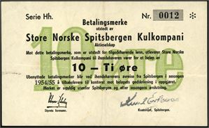 10 øre Store Norske Spitsbergen 1954/5, serie Hh, nr. 0012. En ørliten flekk i venstre kant. 1+/01