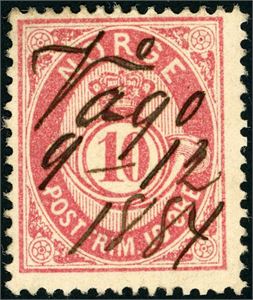 43. 10 øre 21 mm, anert med håndskrevet stedsnavn "Vågo 9-12 1884" (OP).