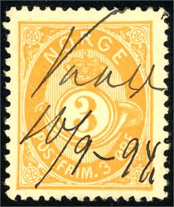 51 IV. 3 øre 20 mm, anert med håndskrevet stedsnavn "Vaage 10/9 94".