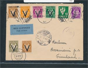 Luftpostbrev med V-merker til Finland med TMS "OSLO 20.9.41". Ankomststemplet "ROVANIEMI 24.IX.41"