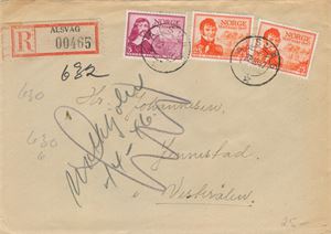 Rek. brev, ALSVÅG (NO/3 pkt) TA 22-10-47 på pent rek brev med NK 359 og 362 (2).