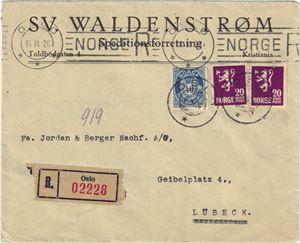 NK 125 og 127. Brev med logo sendt REK til Tyskland. Stemplet "Oslo" 16-03-1926.