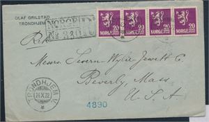 NK 127x4 på flott rek-brev til USA st "Trondhjem V. 24 X 22". Flere stempler bak.