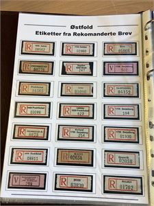 Etiketter, samling REK og VERDI etiketter på egenmonterte ark i album.