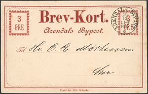 Arendal Bypost BK 1a. 3 øres Brev-Kort, stemplet "Arendals Bypost 16.12.1887" og  sendt lokalt. Kortet er sendt som en prøve første dag ifølge baksiden og er i tillegg påført et linjestempel "Arendals Bypost".