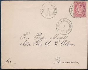 NK 43 på pent brev st. "Næs i Hallingdal 31-12-1887" og "Næs i Hallingdal "1-1-1888". Sendt til Drammen.
